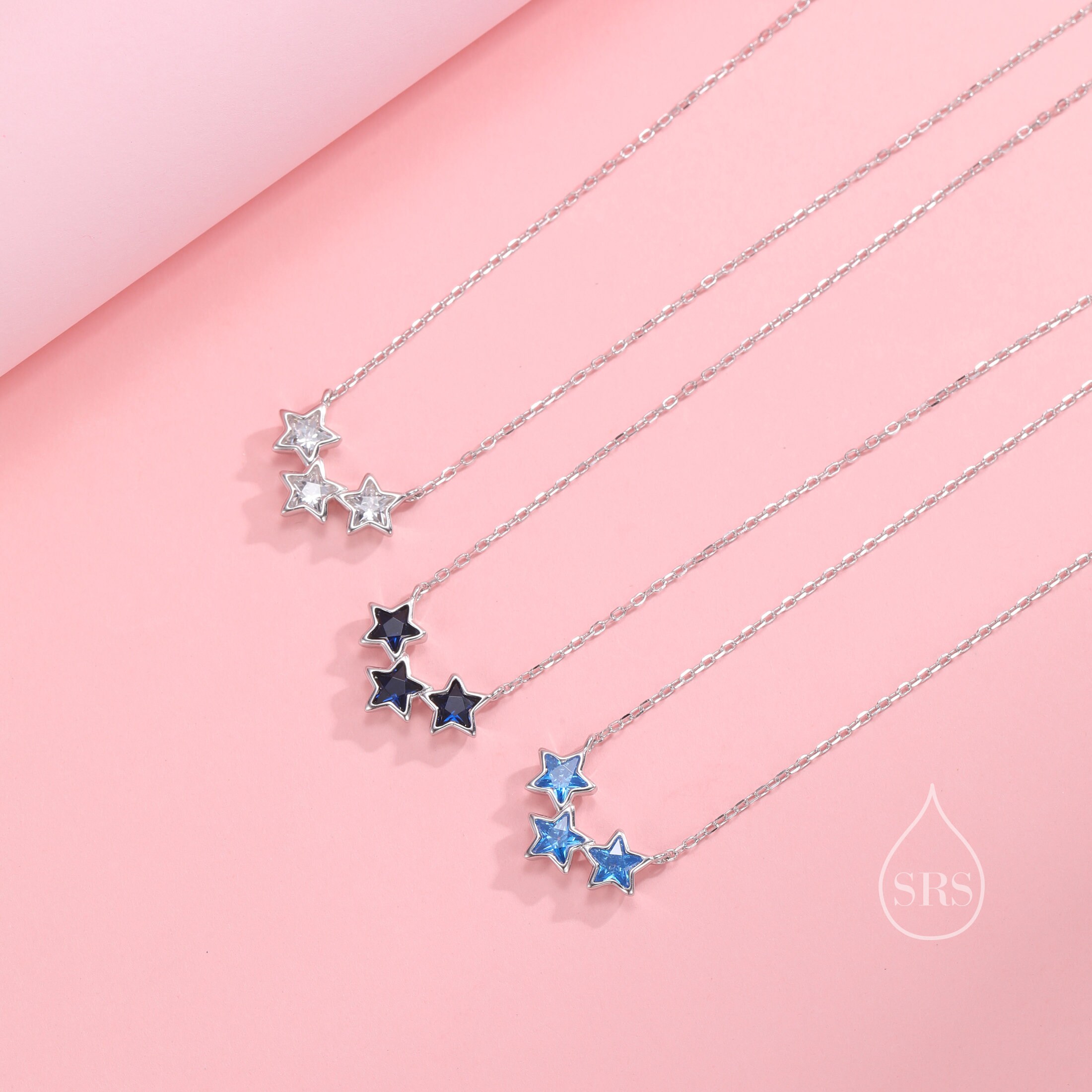 Clear CZ Triple Star Pendant Necklace in Sterling Silver