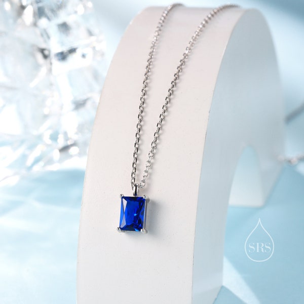 Emerald Cut Sapphire Blue CZ Pendant Necklace  in Sterling Silver,  Rectangular Cut Crystal Earrings, Blue CZ Necklace