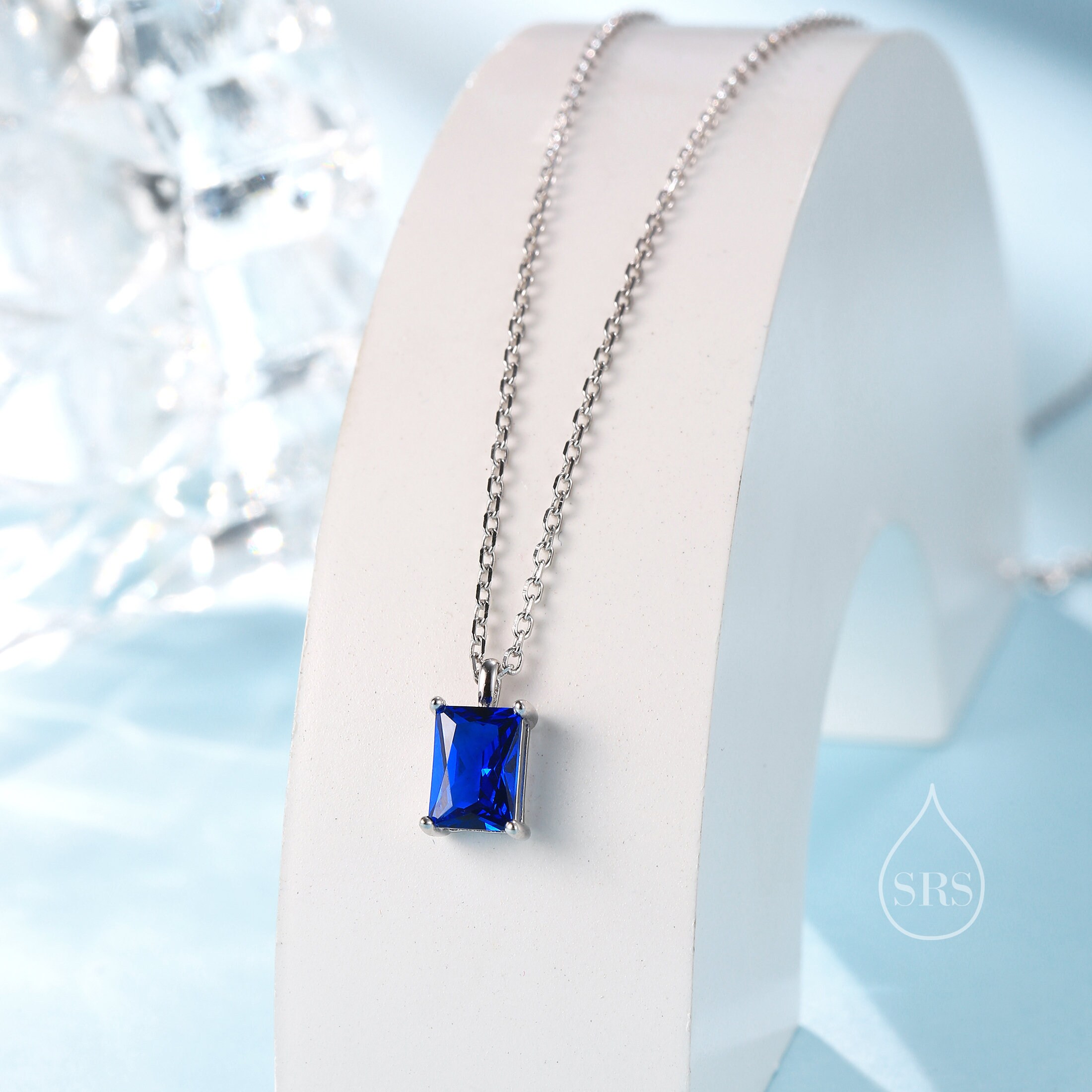 Emerald Cut Sapphire Blue CZ Pendant Necklace in Sterling Silver