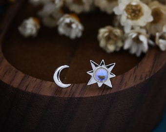 Mismatched Starburst and Moon Stud Earrings in Sterling Silver with Lab Moonstone, Asymmetric Moonstone Star and Crescent Moon Earrings