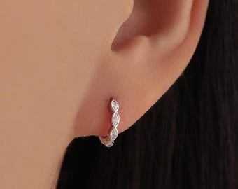 Marquise CZ Huggie Hoop in Sterling Silver, Silver or Gold, Minimalist Simple Hoop Earrings