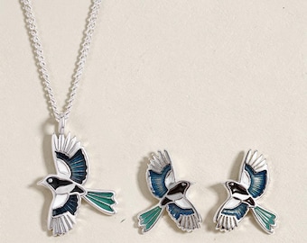 Sterling Silver Enamel Magpie Bird Earrings and Necklace Set