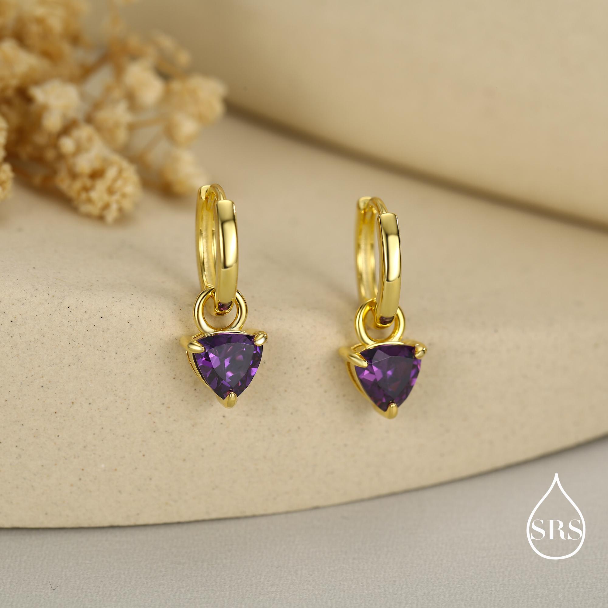 Boucles D'oreilles Créoles En Argent Sterling Avec Améthyste Et Zirconium Cubique - 15mm, Neuves