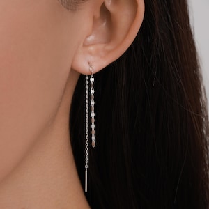 Ovale Coin Chain Threader Ohrringe in Sterling Silber, Silber oder Gold, Sparkle Chain Long Ear Threader, Lange Threader