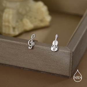 Mismatched Violin and Music Note Stud Earrings in Sterling Silver, Asymmetric Violin and Music Earrings
