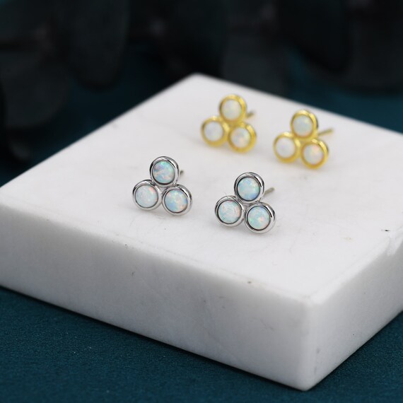 White Opal Trio Dot Circle Stud Earrings in Sterling Silver