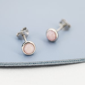 Sterling Silver Pale Pink Opal Tiny Stud Earrings, Genuine Pink Opal Stud, Natural Semi-Precious Gemstones, 4mm, Bezel, Minimalist  Earrings