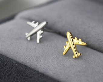 Tiny Plane Stud Earrings in Sterling Silver, Silver or Gold, Airplane Earrings, Stacking Earrings