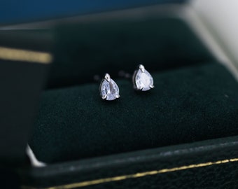 Extra Tiny Droplet CZ Stud Earrings in Sterling Silver, Tiny Pear Cut CZ Stud Earrings, Silver or Gold