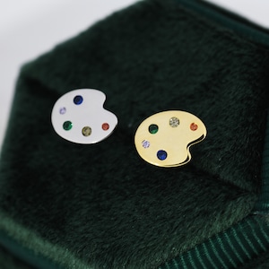 Paint Palette Stud Earrings in Sterling Silver with Multi Colour CZ Crystals, Silver or Gold, Artist's Palette