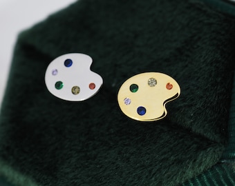 Paint Palette Stud Earrings in Sterling Silver with Multi Colour CZ Crystals, Silver or Gold, Artist's Palette