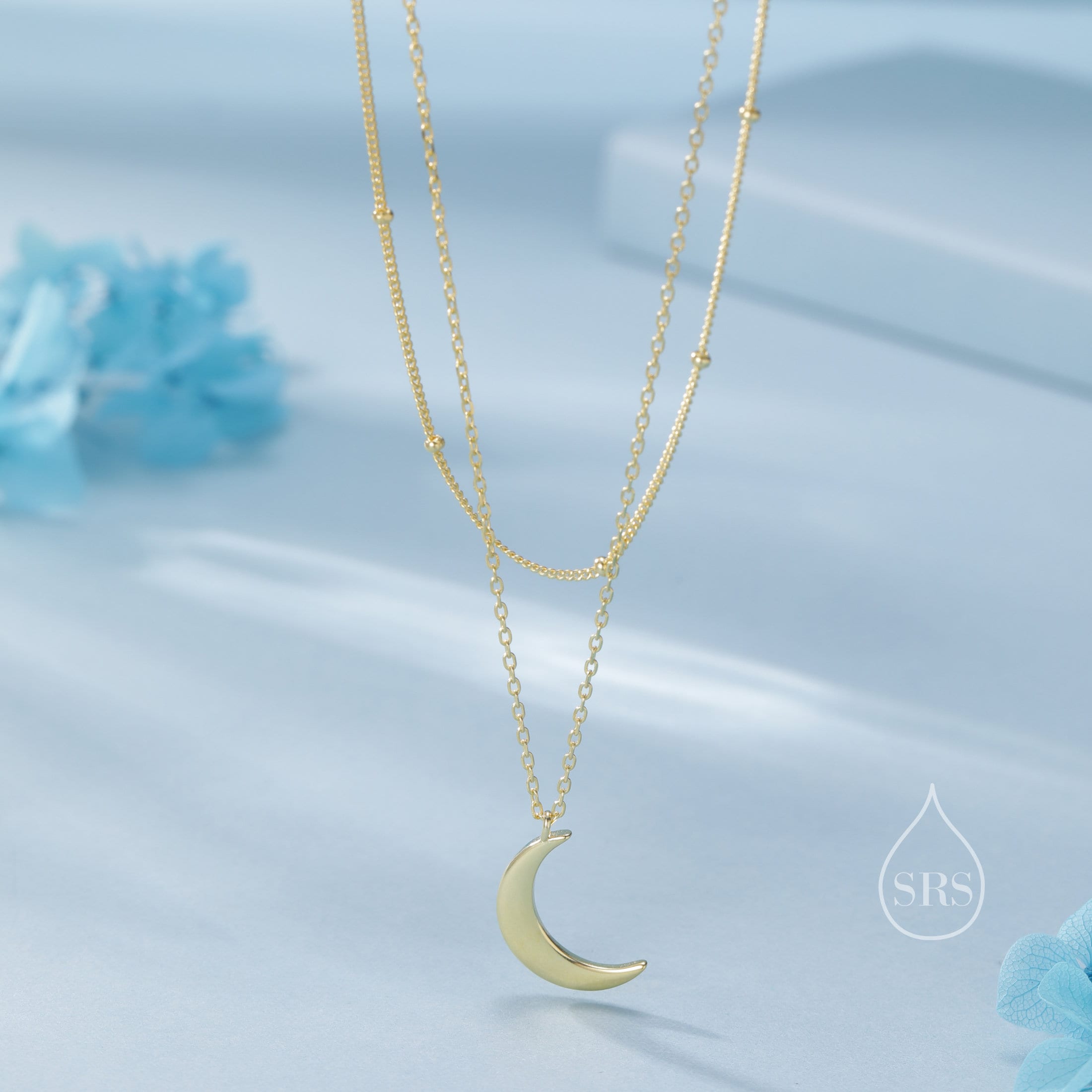 Double Layer Crescent Moon Pendant Necklace in Sterling