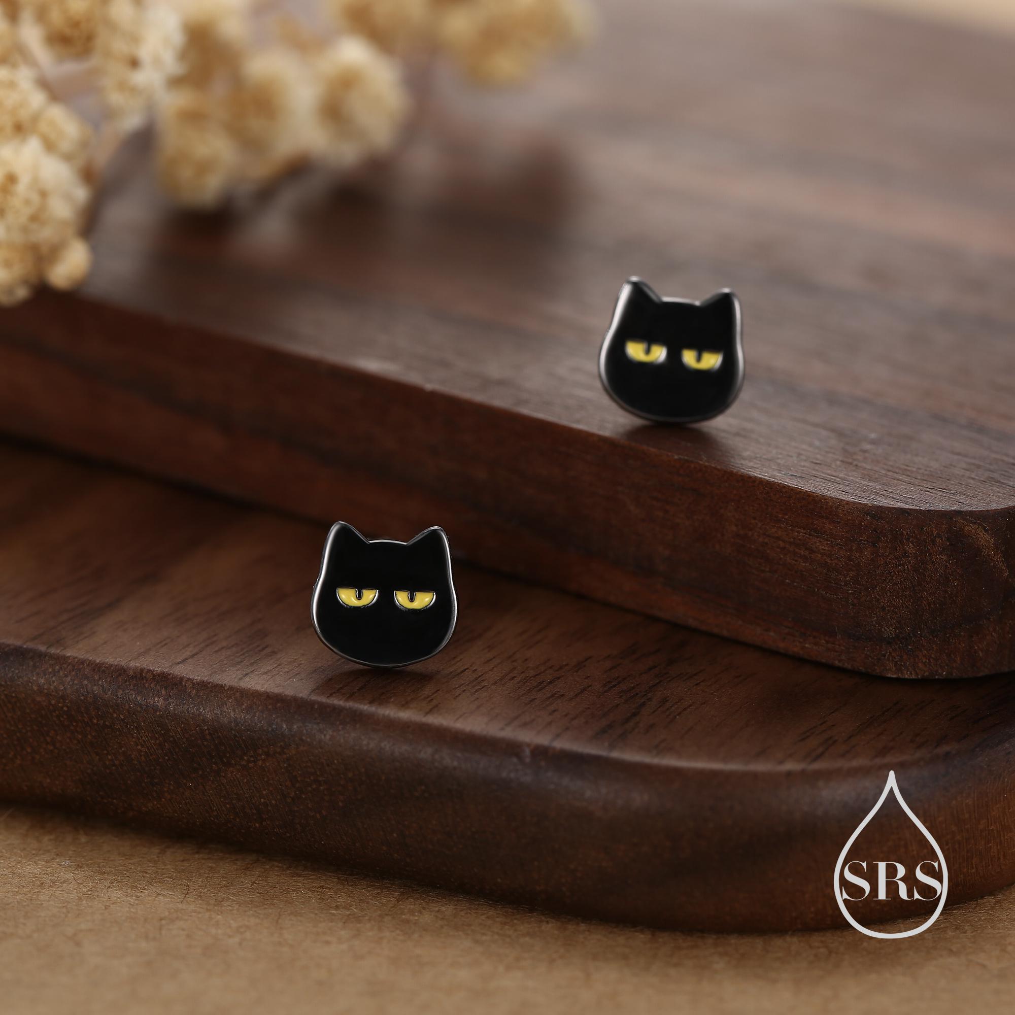 Orecchini a bottone con gatto nero con occhi di cristallo con confezione regalo - Portafortuna in argento sterling da 7 mm x 10 mm