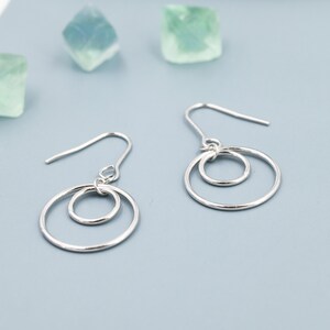 Double Circle Drop Hook Earrings in Sterling Silver, Silver or Gold, Minimalist Dangle Earrings