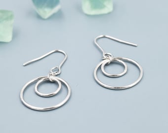 Double Circle Drop Hook Earrings in Sterling Silver, Silver or Gold, Minimalist Dangle Earrings