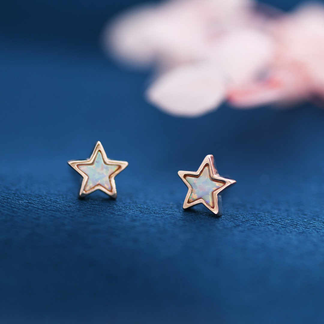 Opal Star Stud Earrings in Sterling Silver - Simulated Opal Stud Earrings - Silver Gold and Rose Gold - Geometric Minimalist - Etsy Japan