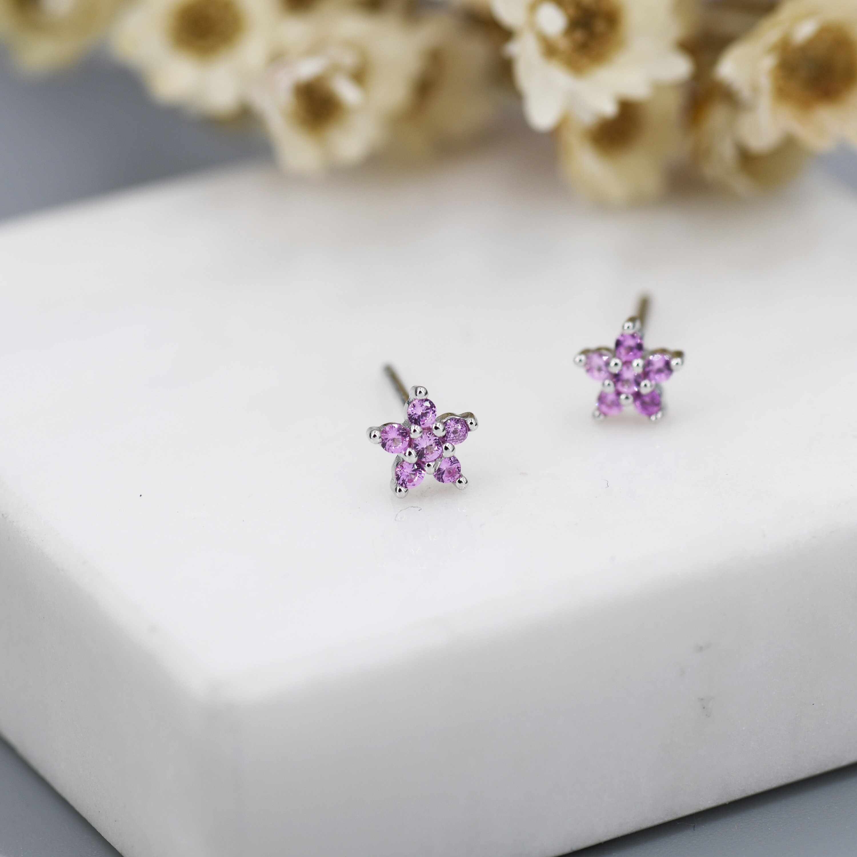 Tiny Pink CZ Flower Stud Earrings in Sterling Silver, Silver