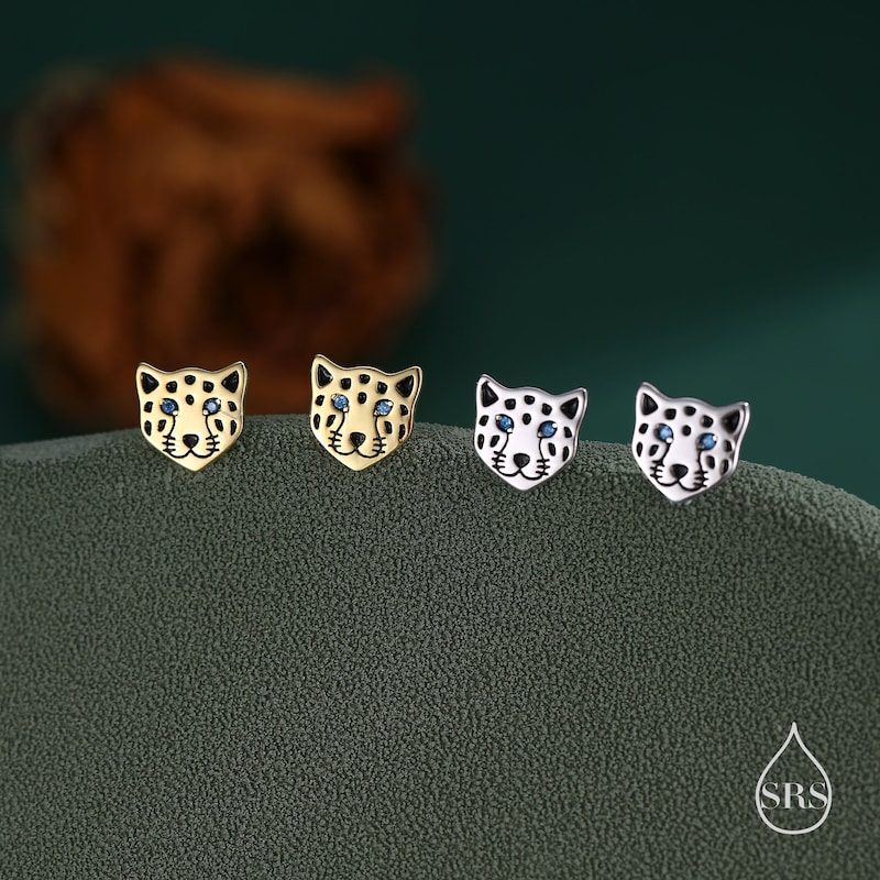 Leopard Stud Earrings in Sterling Silver, Silver or Gold, Leopard Face Earrings, Animal Earrings, Nature Inspired