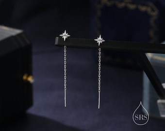 Extra kleine CZ Starburst Threader oorbellen in sterling zilver, zilver of goud, North Star Ear Threaders, Star Threaders, ketting oorbellen