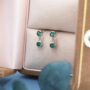 Emerald Green Double CZ Dangle Stud Earrings in Sterling Silver, Silver or Gold, Two CZ Bezel Earrings, Solid Silver Crystal Earrings