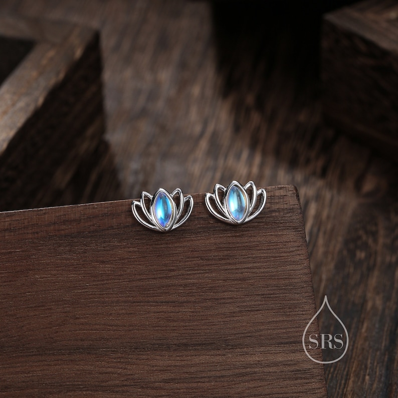 Lotus Flower Moonstone Stud Earrings in Sterling Silver, Silver or Gold, Lab Moonstone Lotus Earrings, Nature Inspired, Botanical Earrings image 1