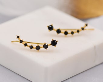 Black and Gold Ear Crawlers in Sterling Silver - Black Ear Climbers - Gold over Sterling Silver - Black CZ Crawler Earrings