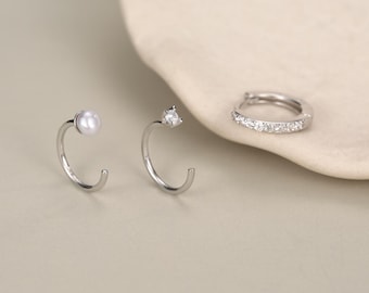 Set of Three Sterling Silver Pearl and CZ Hoop Earrings