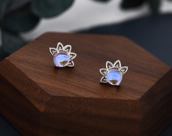 Sterling Silver Moonstone Crown Stud Earrings, Prong Set, Mermaid Colour Earrings, Simulated Moonstone Glass Earrings, Minimalist