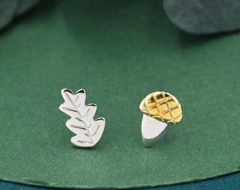 Mismatched Acorn and Oak Leaf Stud Earrings in Sterling Silver, Petite Earrings, Small Leaf Stud, Nature Inspired