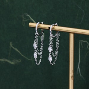 Aros con cadena de cristal de circonita cúbica de talla marquesa en plata de ley: plata u oro, aros colgantes con cadena de circonita cúbica