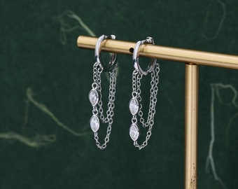 Marquise CZ Crystal Chain Hoops Earring in Sterling Silver - Silver or Gold, CZ Dangle Chained Huggie Hoops