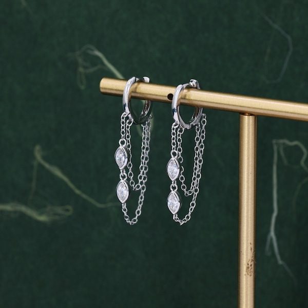 Boucles d'oreilles créoles en chaîne avec cristaux CZ marquise en argent sterling - Argent ou or, anneaux pendants CZ Huggie Hoops enchaînés