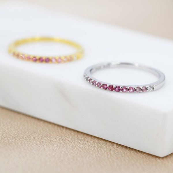 Ruby Red Ombre Half Eternity Ring en argent sterling, argent ou or, anneau maigre CZ rouge, anneau d'empilage minimaliste US 5 - 8