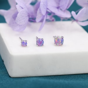 Pendientes de ópalo morado con polvo cósmico en plata de ley (3 mm, 4 mm y 5 mm) con imitación de ópalo morado.