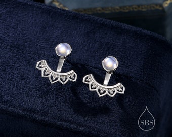 Boucles d'oreilles lotus pierre de lune en argent sterling, labo Boucles d'oreilles lotus pierre de lune lotus en argent sterling, argent ou or, recto et verso