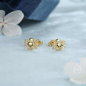 May include: A pair of gold spider stud earrings. The spiders have black eyes and are set on a post with a butterfly back.