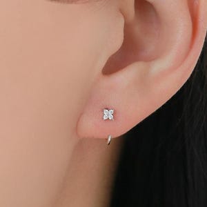CZ Hydrangea Flower Huggie Hoop Earrings in Sterling Silver, Tiny CZ Open Hoops, Pull Through Threaders, Half Hoops
