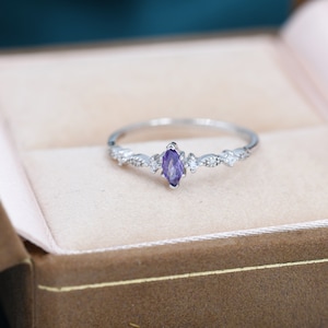Vintage Inspired Amethyst Purple CZ Ring in Sterling Silver, Marquise Ring, Delicate Amethyst Ring, Size US 5 8 image 4
