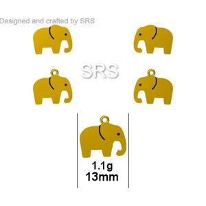 May include: Five gold-colored elephant charms, each measuring 1.1g and 13mm. The charms are designed and crafted by SRS.