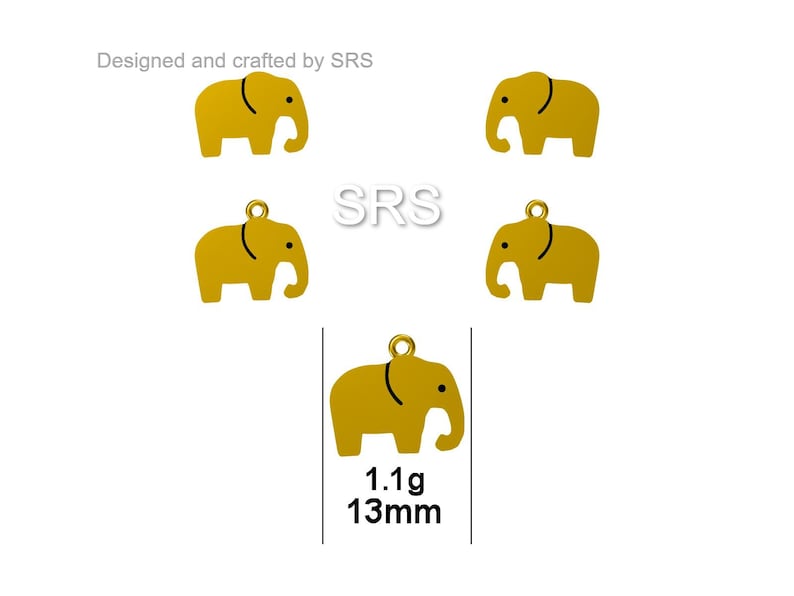 May include: Five gold-colored elephant charms, each measuring 1.1g and 13mm. The charms are designed and crafted by SRS.