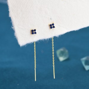 Sapphire Blue Hydrangea Flower CZ Threader Earrings in Sterling Silver, Silver or Gold, Four Dot Crystal Ear Threaders, Flower CZ Earrings image 3