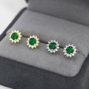 Emerald Flower Stud Earrings in Sterling Silver, Gold or Silver, Simulated Emerald Green CZ Earrings, Green CZ Flower Earrings