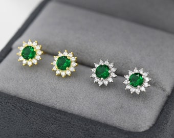 Emerald Flower Stud Earrings in Sterling Silver, Gold or Silver, Simulated Emerald Green CZ Earrings, Green CZ Flower Earrings