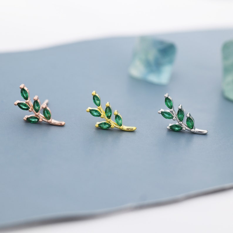 Emerald Green Leaf Stud Earrings in Sterling Silver, Silver or Gold, Olive Branch Earrings, Olive Leaf Earrings, Nature Inspired image 7
