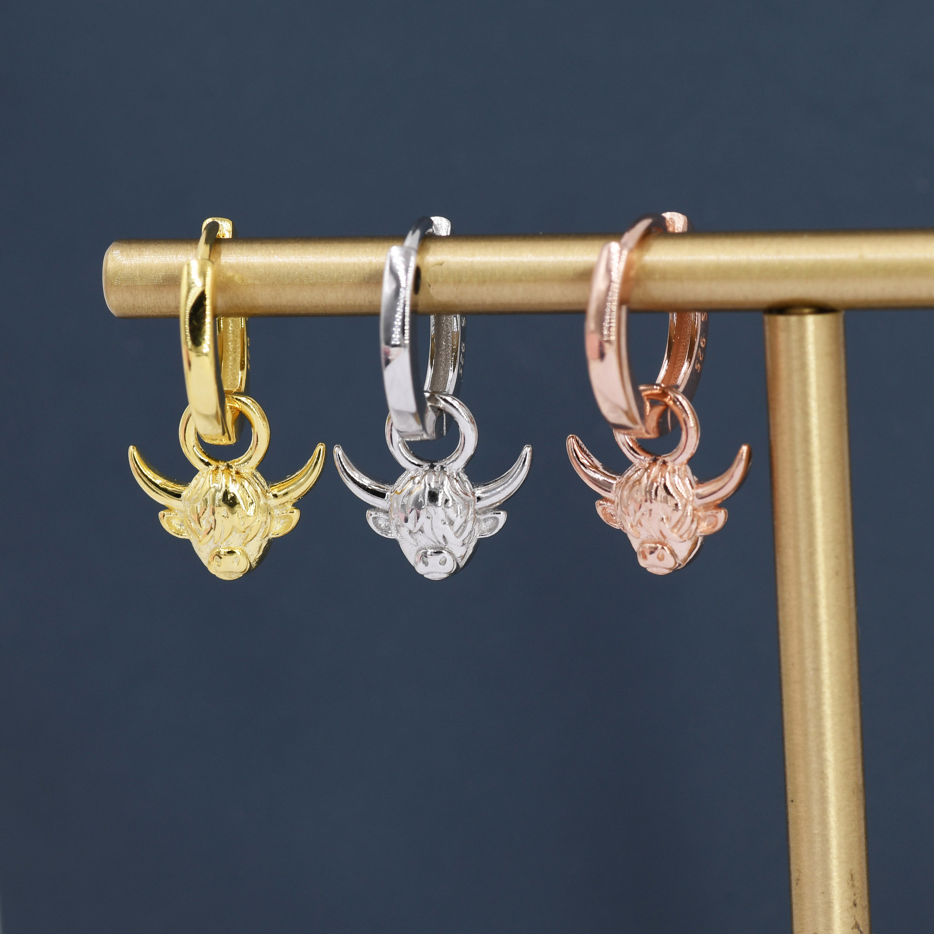 Dangling Highland Cow Huggie Hoops in Sterling Silver, Silver or Gold or Rose Gold, Highland Cow Earrings, Detachable and Interchangeable