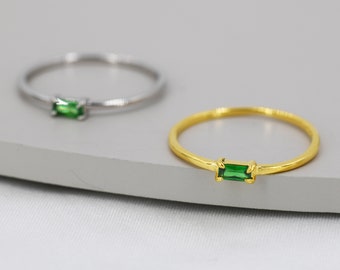 Emerald Baguette CZ Ring in Sterling Silver, Silver or Gold, Pronged Set, Minimalist Single Baguette CZ Ring US 5 - 8