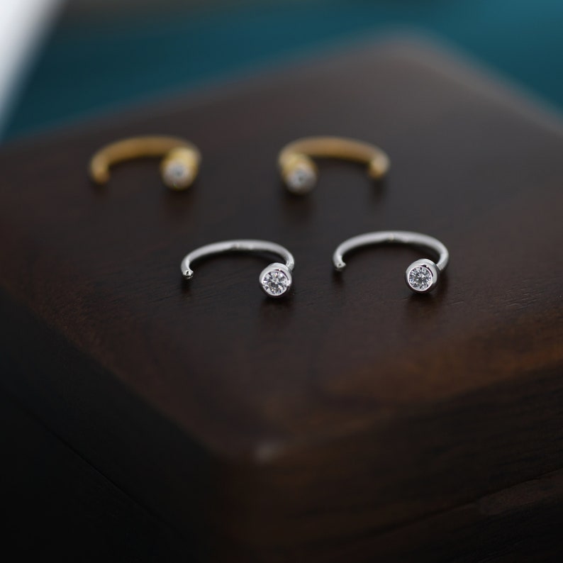 2mm Diamond CZ Huggie Hoop Earrings in Sterling Silver, Silver, or Gold, Half Hoop, Open Hoop, Pull Through, Dainty Earrings image 1