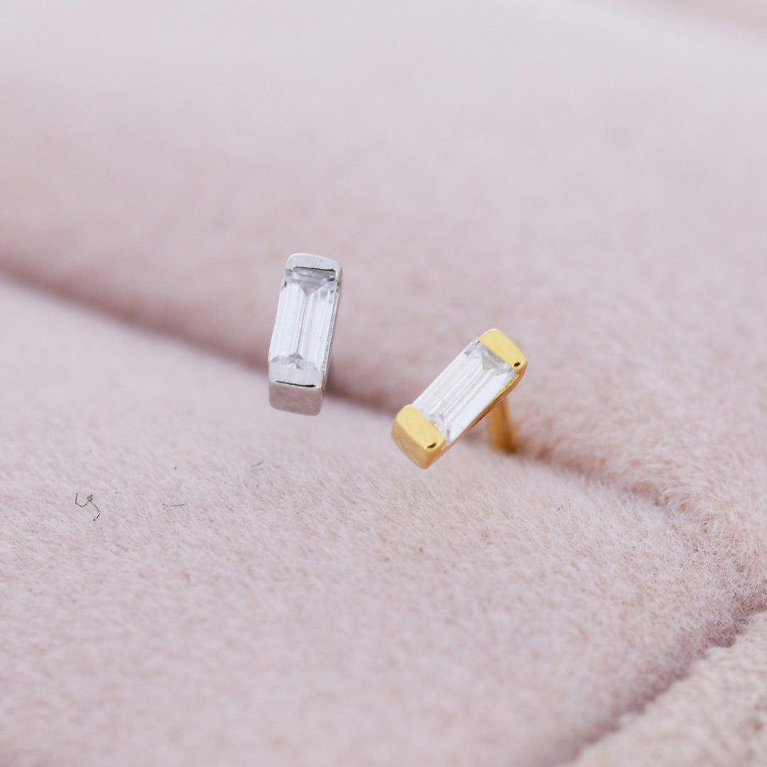Extra Tiny Baguette CZ Stud Earrings in Sterling Silver, Silver or Gold ...