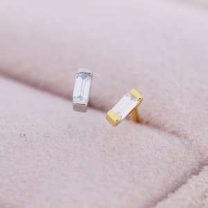 Extra Tiny Baguette CZ Stud Earrings in Sterling Silver, Silver or Gold, Geometric CZ Earrings, Stacking Earrings