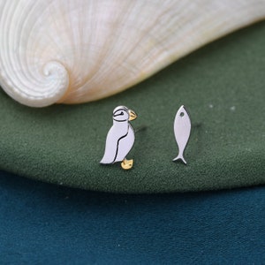 Mismatched Puffin Bird and Fish Stud Earrings in Sterling Silver, Asymmetric Bird and Fish Earrings